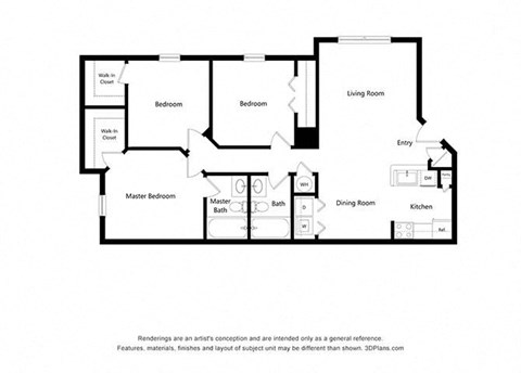 Floor plan for 3 beds, 2 baths, 1113 sqft